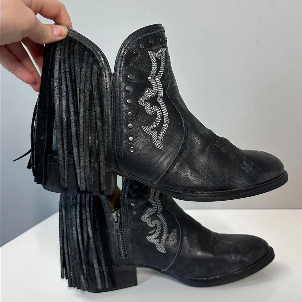 Black Leather Fringe Studded Cowboy Ankle Boots